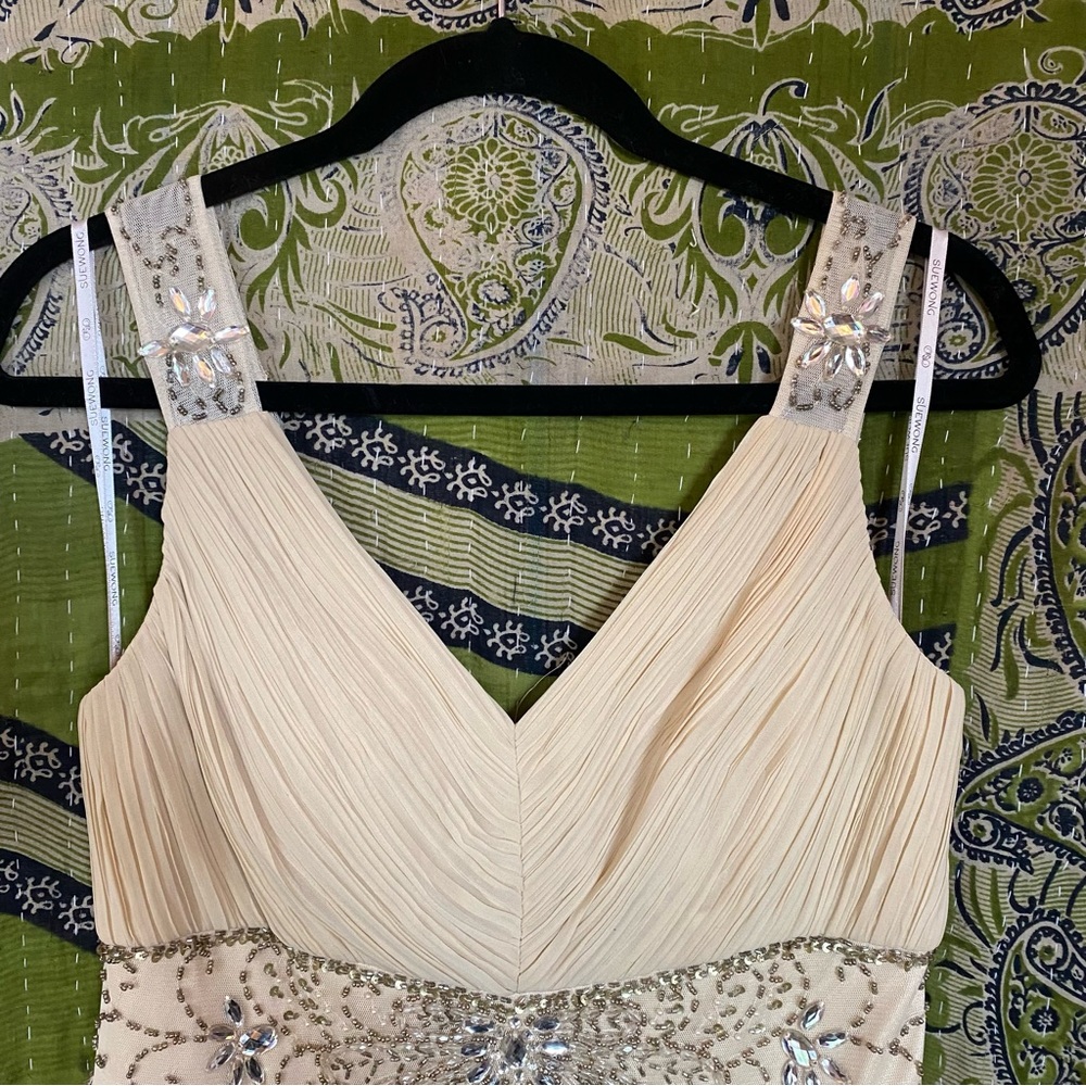 Sue Wong Nocturne Cream Embellished V-Neck Colume Mini Dress Size 10 - Picture 3 of 16